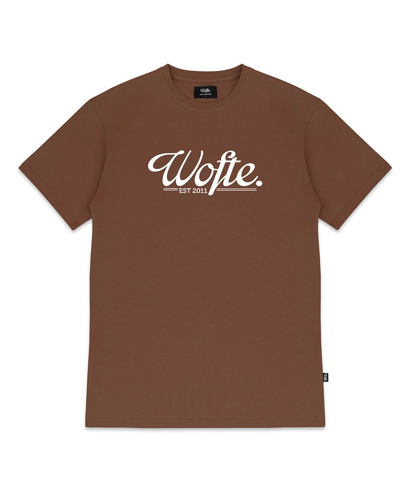 Wofte carp fishing clothing est.11 brown t-shirt front view