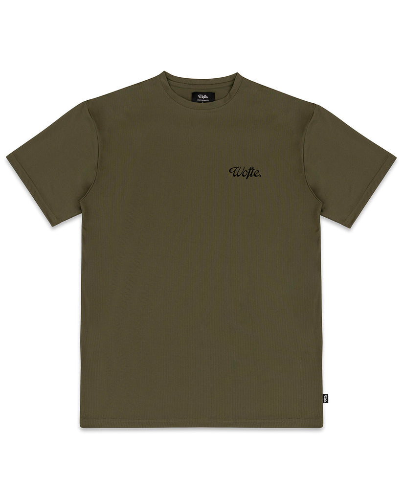 Wofte carp fishing clothing flex olive short sleeve t-shirt front view