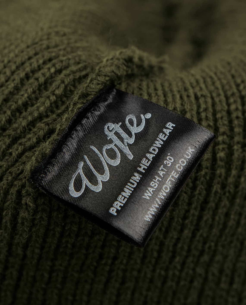 WOFTE CARP FISHING CLOTHING CLASSIC OLIVE BEANIE CLOSE UP 1