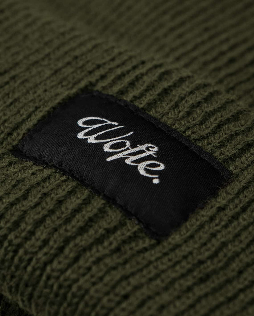 WOFTE CARP FISHING CLOTHING CLASSIC OLIVE BEANIE CLOSE UP 2